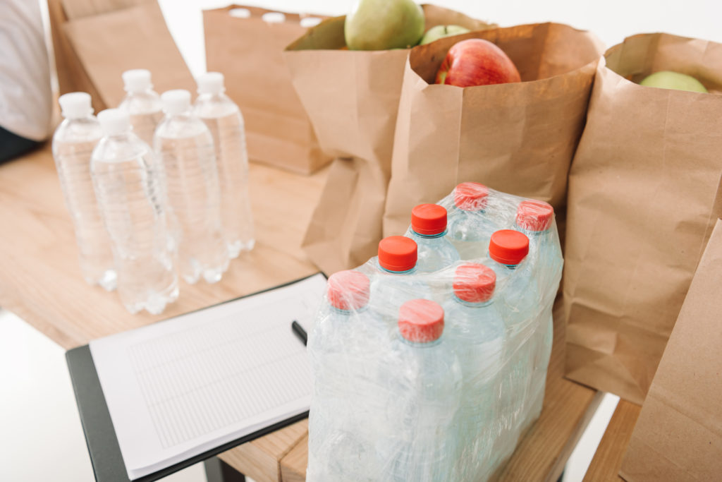 groceries, clipboard, charity goods